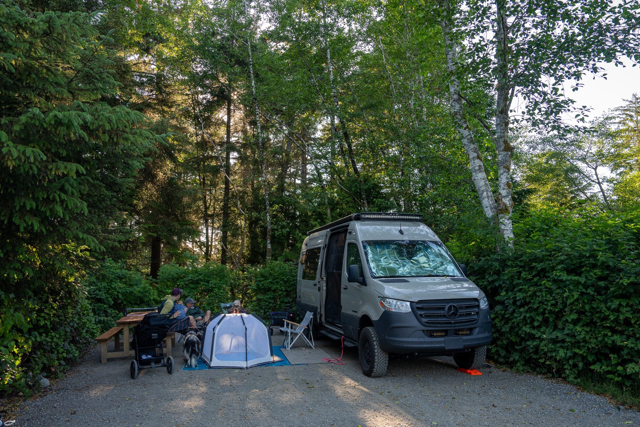 Sprinter van tucked into a campsite underneath trees at Vancouver Island Tofino