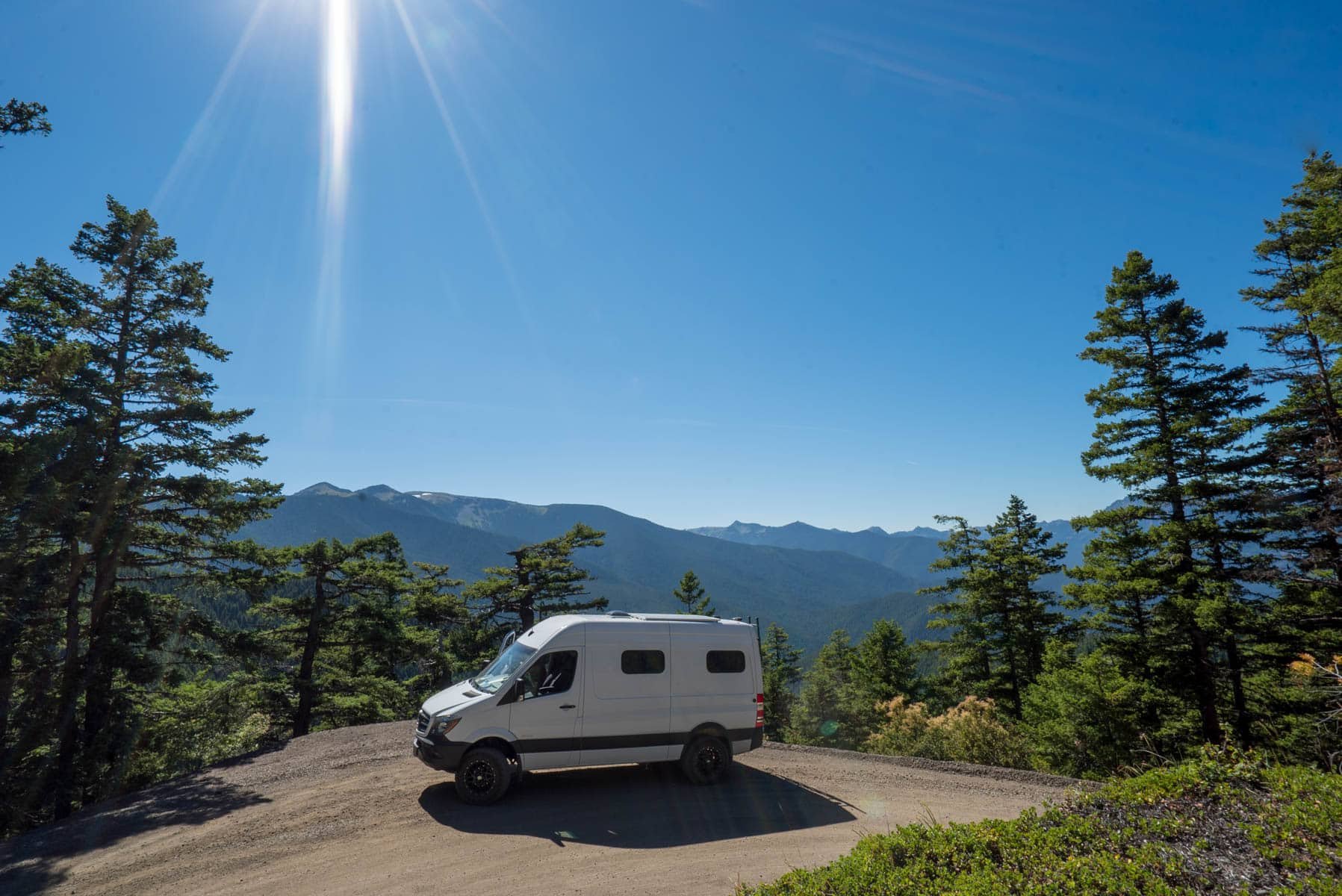 White Sprinter Van on a dirt road in Olympic National Park