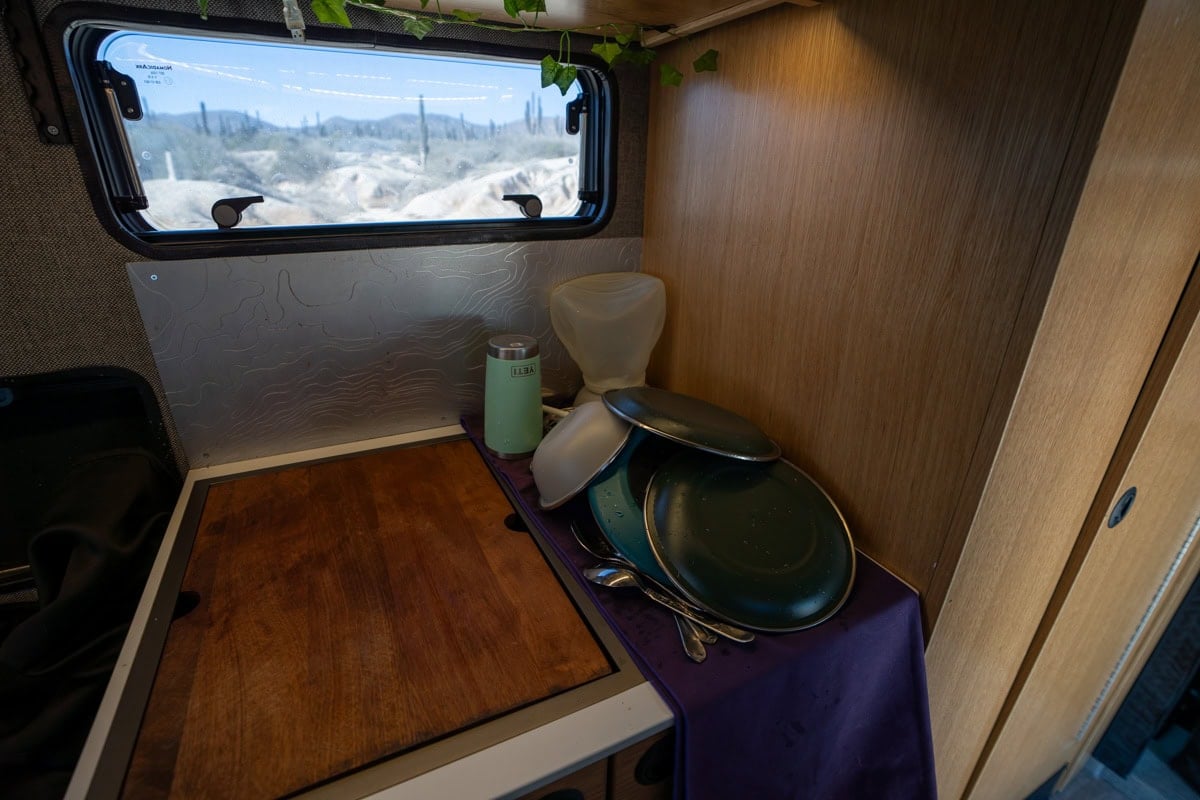 Dishes on the counter in the Rossmonster Baja Trail truck camper